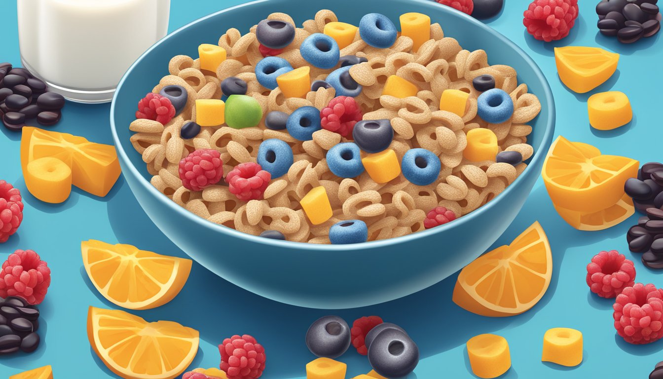 A bowl of Kellogg's Froot Loops and a bowl of Post Raisin Bran cereal side by side, surrounded by fresh fruits and a glass of milk