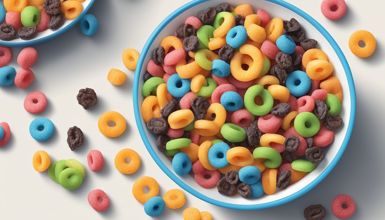 A bowl of Kellogg's Froot Loops and Post Raisin Bran side by side, surrounded by scattered colorful fruit loops and raisins