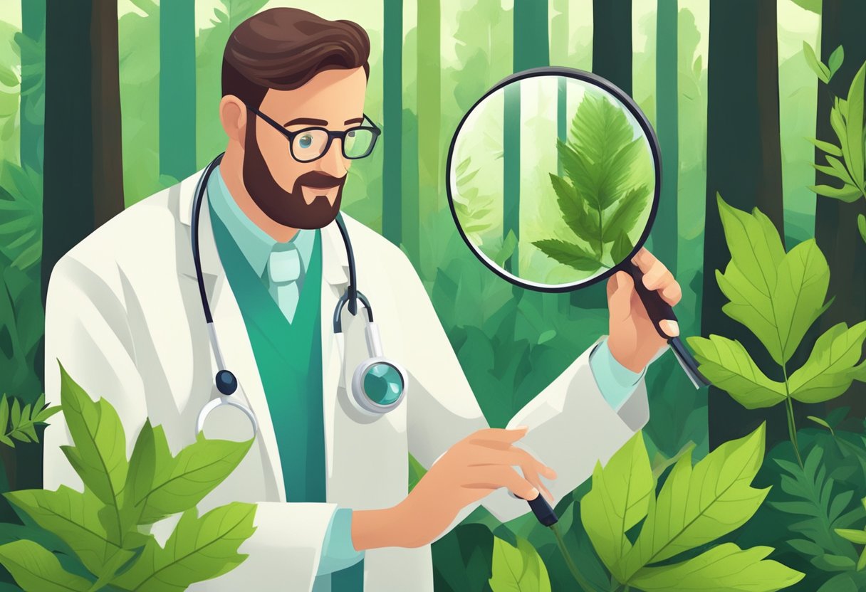 Un médecin en blouse blanche examine une tique sur une feuille sous une loupe dans une clairière forestière.