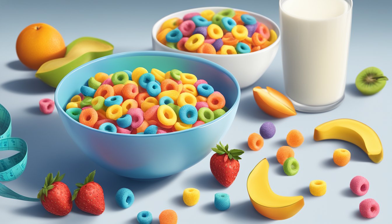 A colorful bowl of Kellogg's Froot Loops and Special K cereal next to a glass of milk, surrounded by fresh fruits and a measuring tape