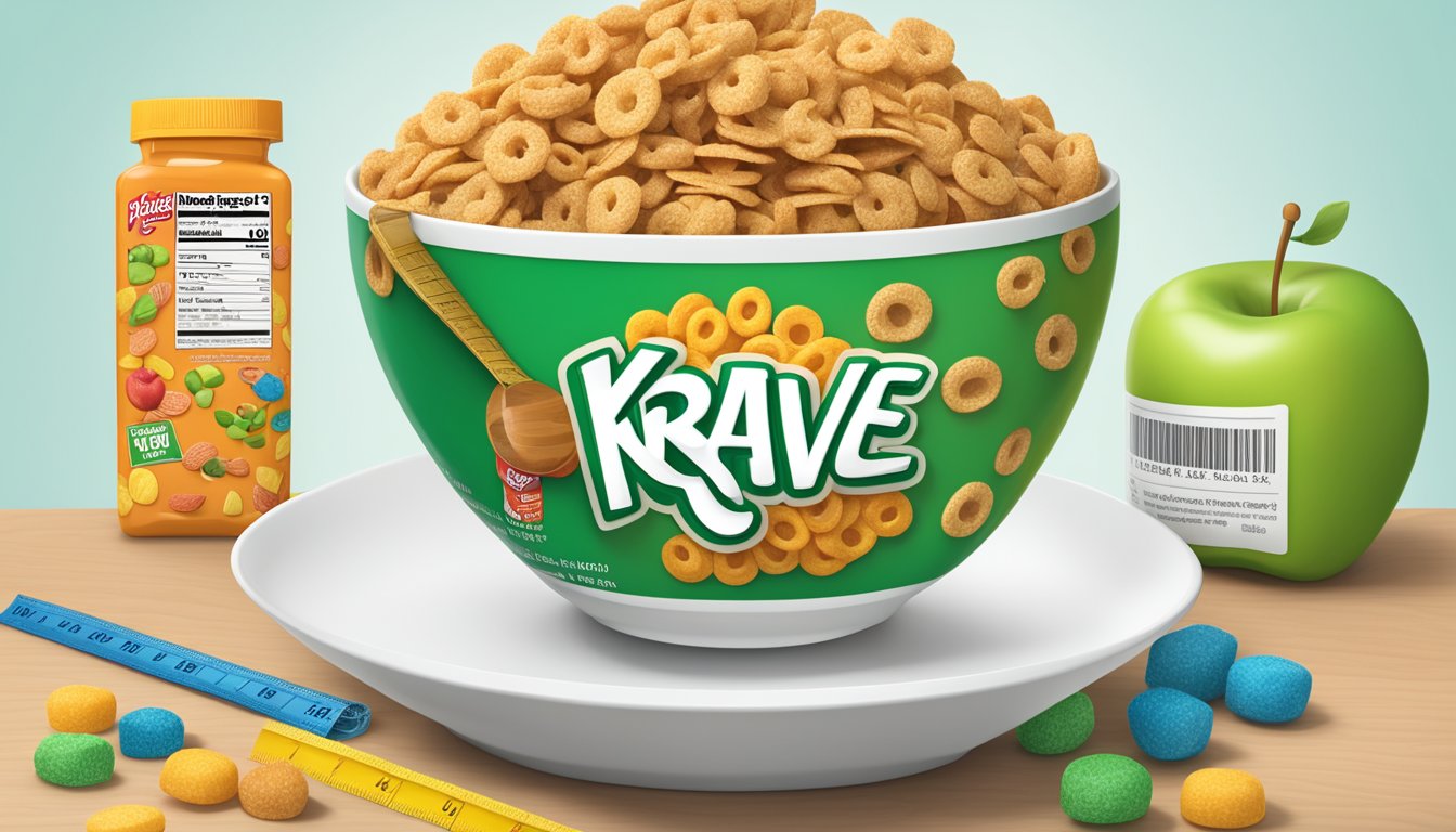 A bowl of Kellogg's Apple Jacks and Krave cereal next to each other with a measuring tape and a nutrition label in the background