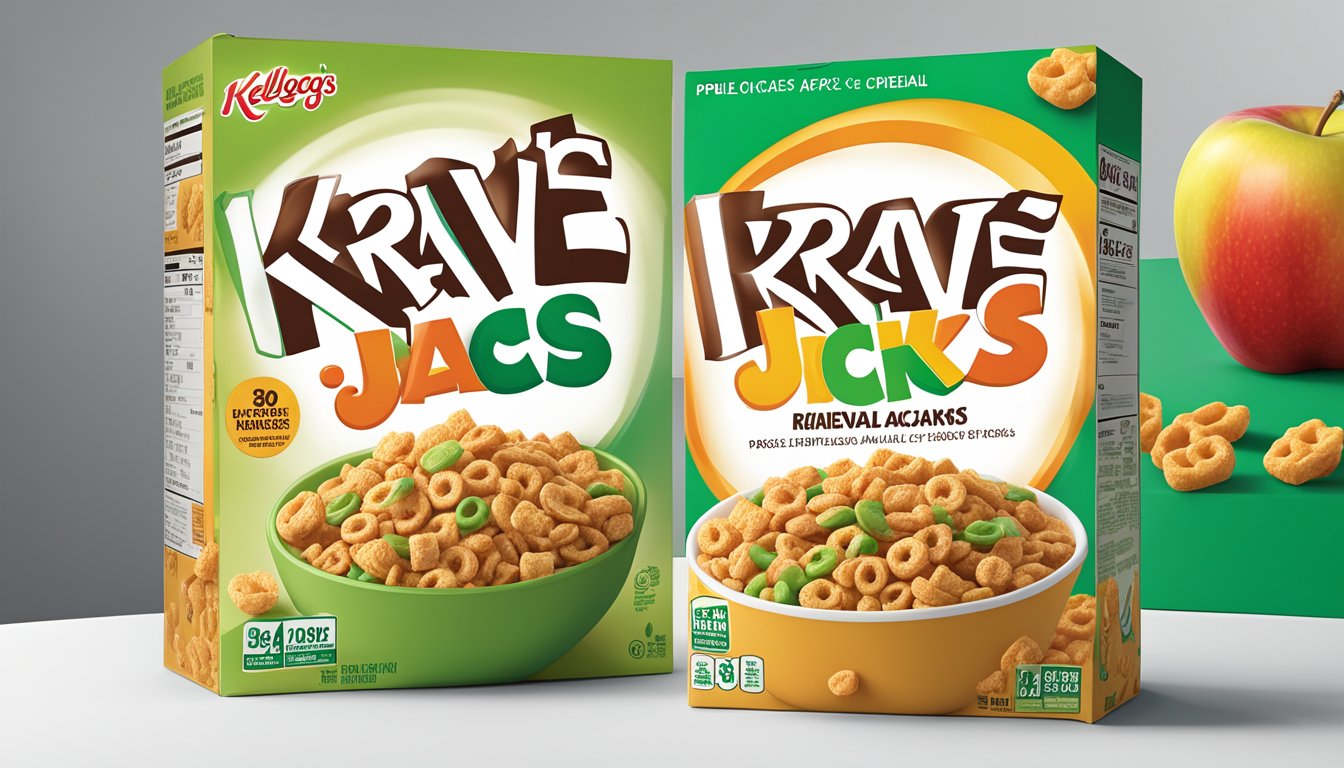 A bowl of Kellogg's Apple Jacks and Krave cereal side by side with nutritional information displayed next to each box