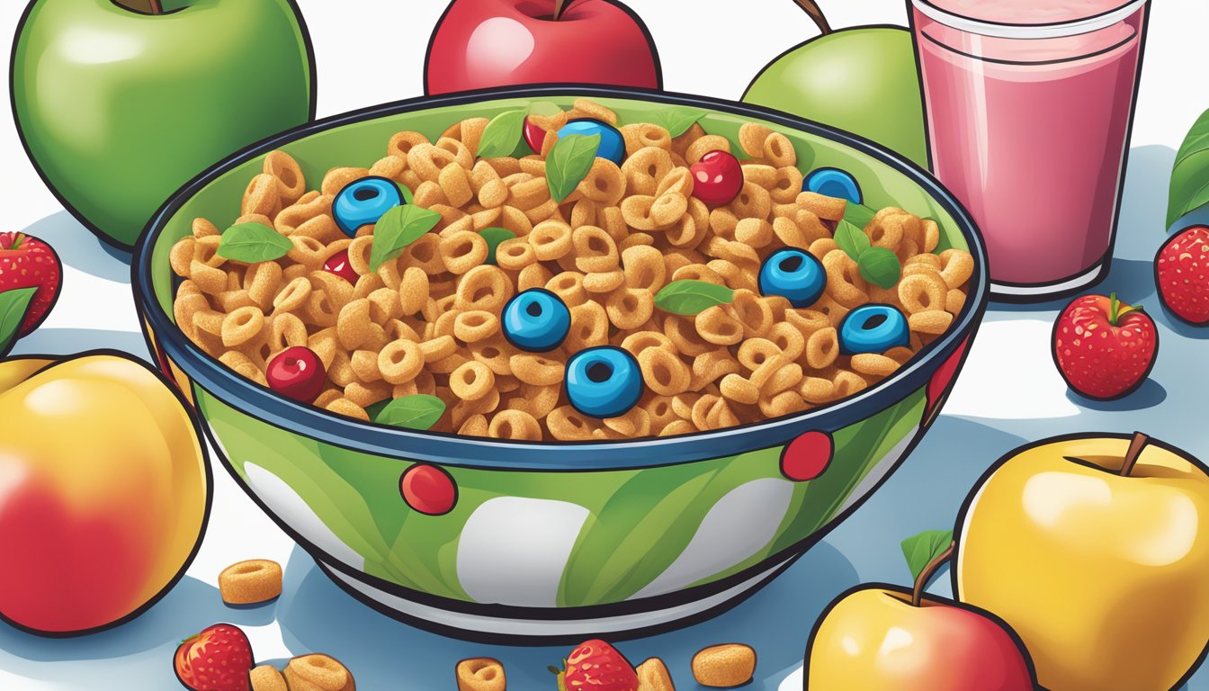 A bowl of Kellogg's Apple Jacks and Krave cereal side by side, surrounded by fresh fruit and a glass of milk