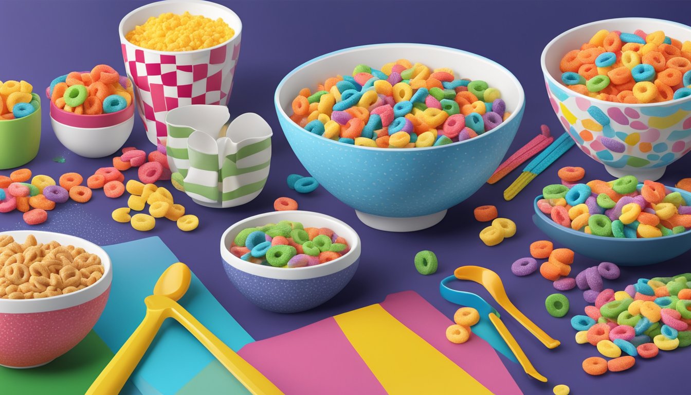 A table with bowls of Kellogg's Froot Loops and Trix cereal, surrounded by measuring tools and nutrition labels