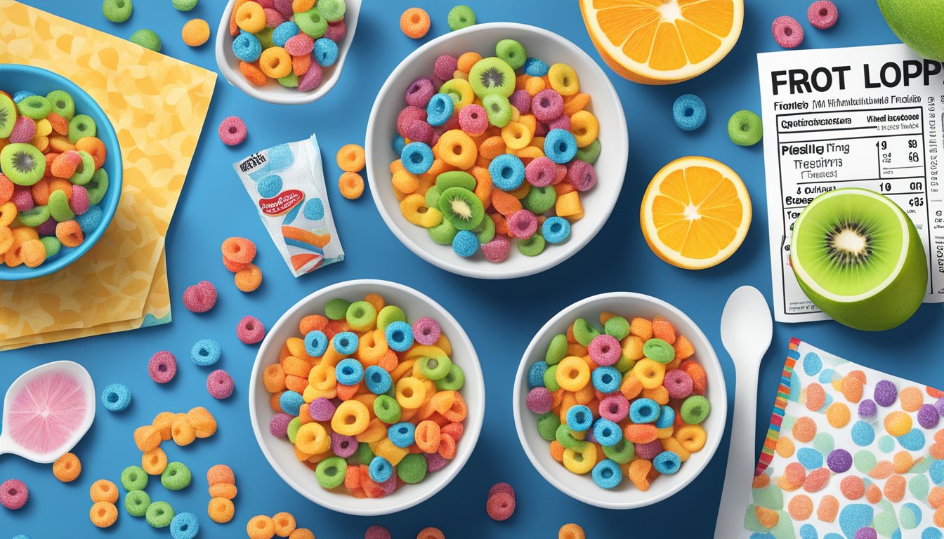 A bowl of Kellogg's Froot Loops and a bowl of Trix cereal surrounded by various fruits and nutritional information labels