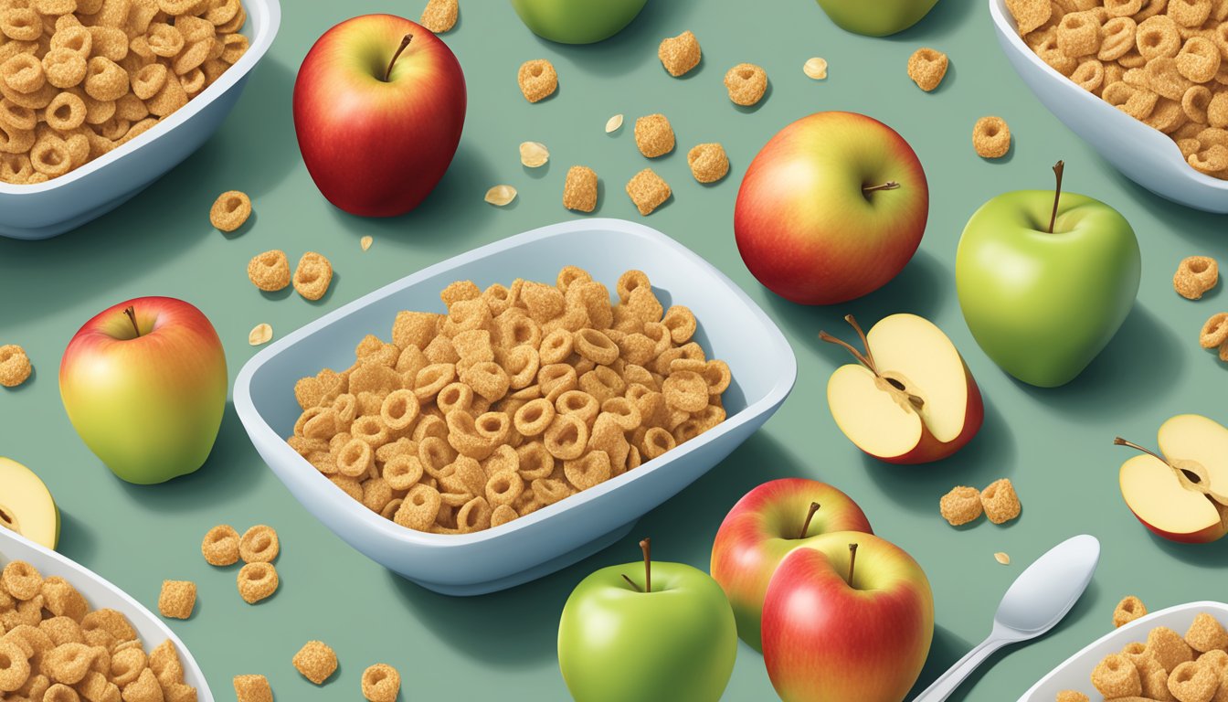 A bowl of Kellogg's Apple Jacks and Krave cereal next to each other, surrounded by fresh apples and whole grain oats