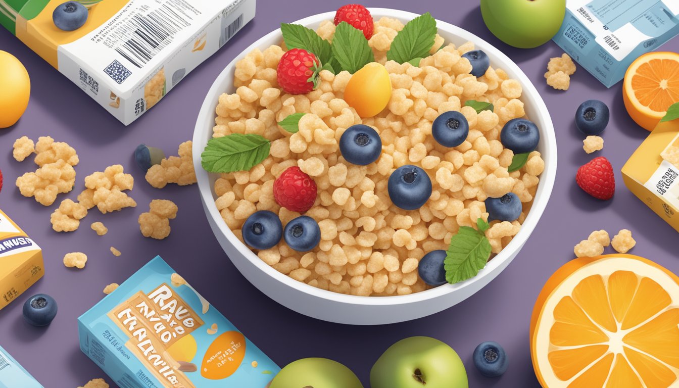 A bowl of Krave and Rice Krispies surrounded by various fruits and nutritional information labels