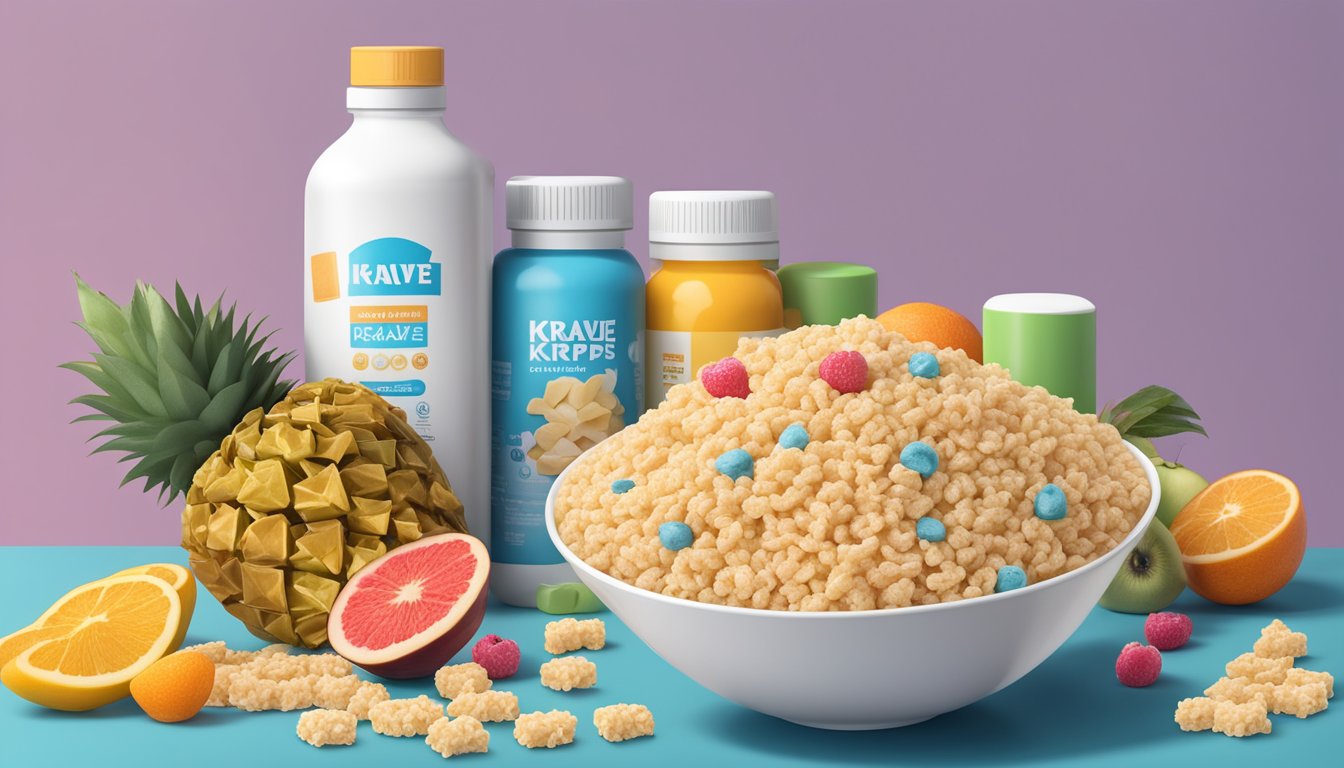 A bowl of Krave and Rice Krispies surrounded by various fruits and dietary supplements, with a measuring tape and nutritional information displayed nearby