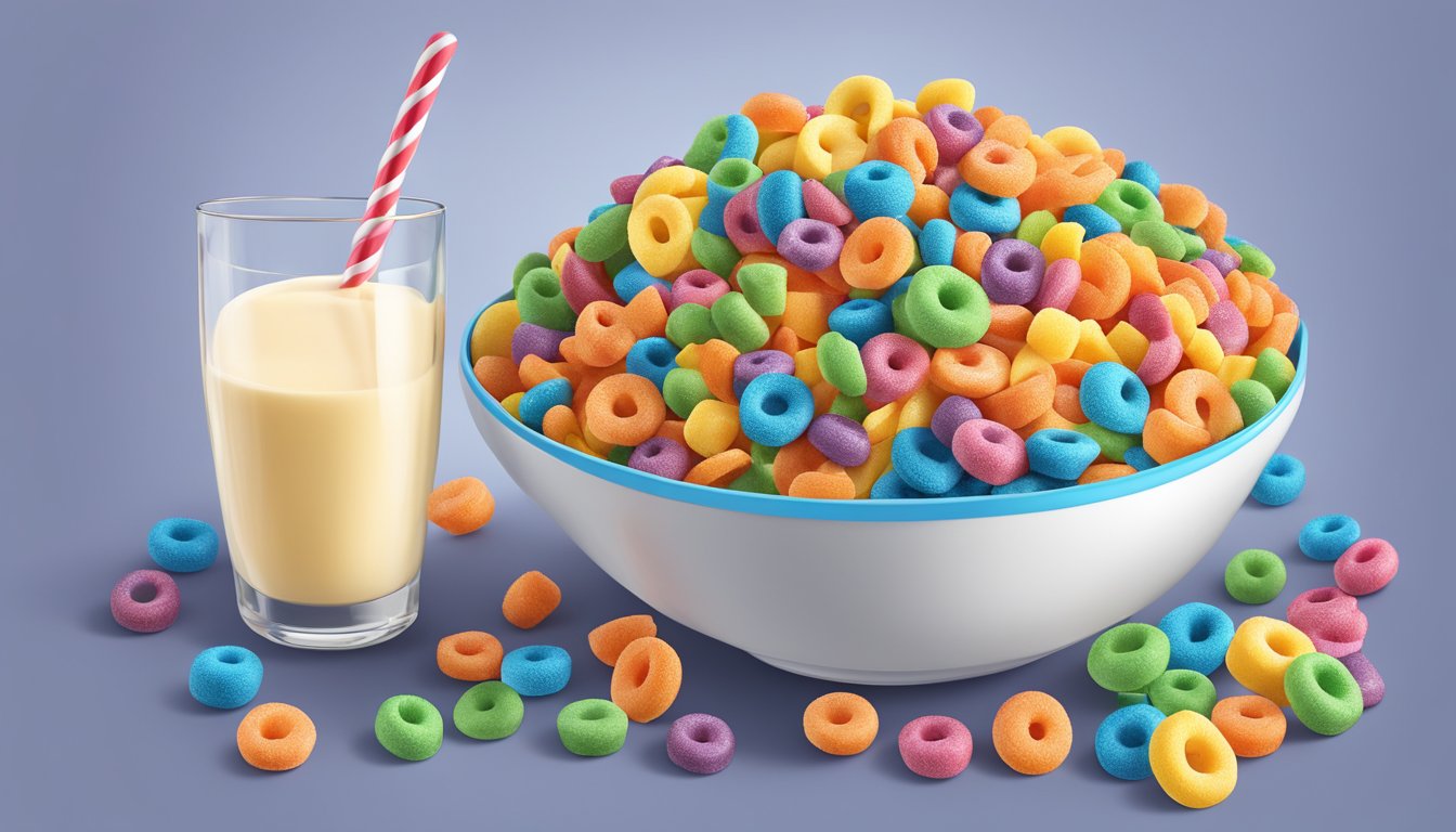 A bowl of Kellogg's Froot Loops and a bowl of Trix cereal, surrounded by colorful fruit and a glass of milk