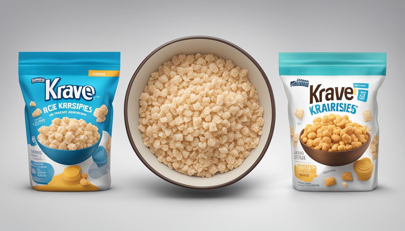 A bowl of Krave and Rice Krispies cereal with sugar and additives labeled, highlighting the differences in ingredients