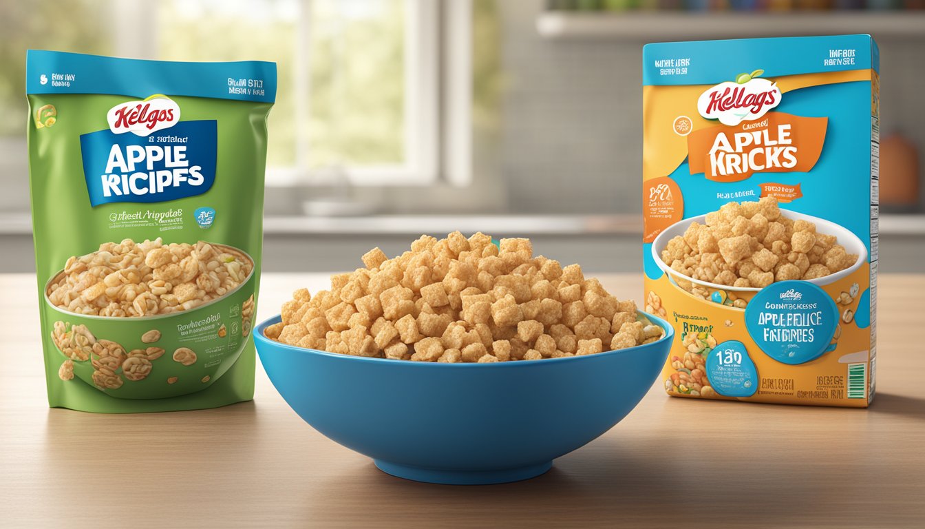 A bowl of Kellogg's Apple Jacks and a bowl of Rice Krispies with nutritional information labels next to them