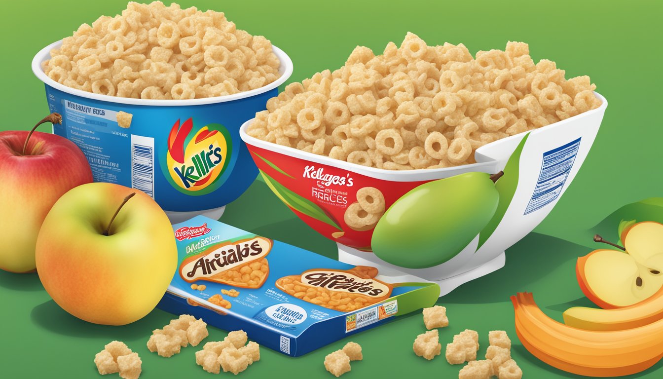 A bowl of Kellogg's Apple Jacks and a bowl of Rice Krispies surrounded by various fruits and nutritional information labels