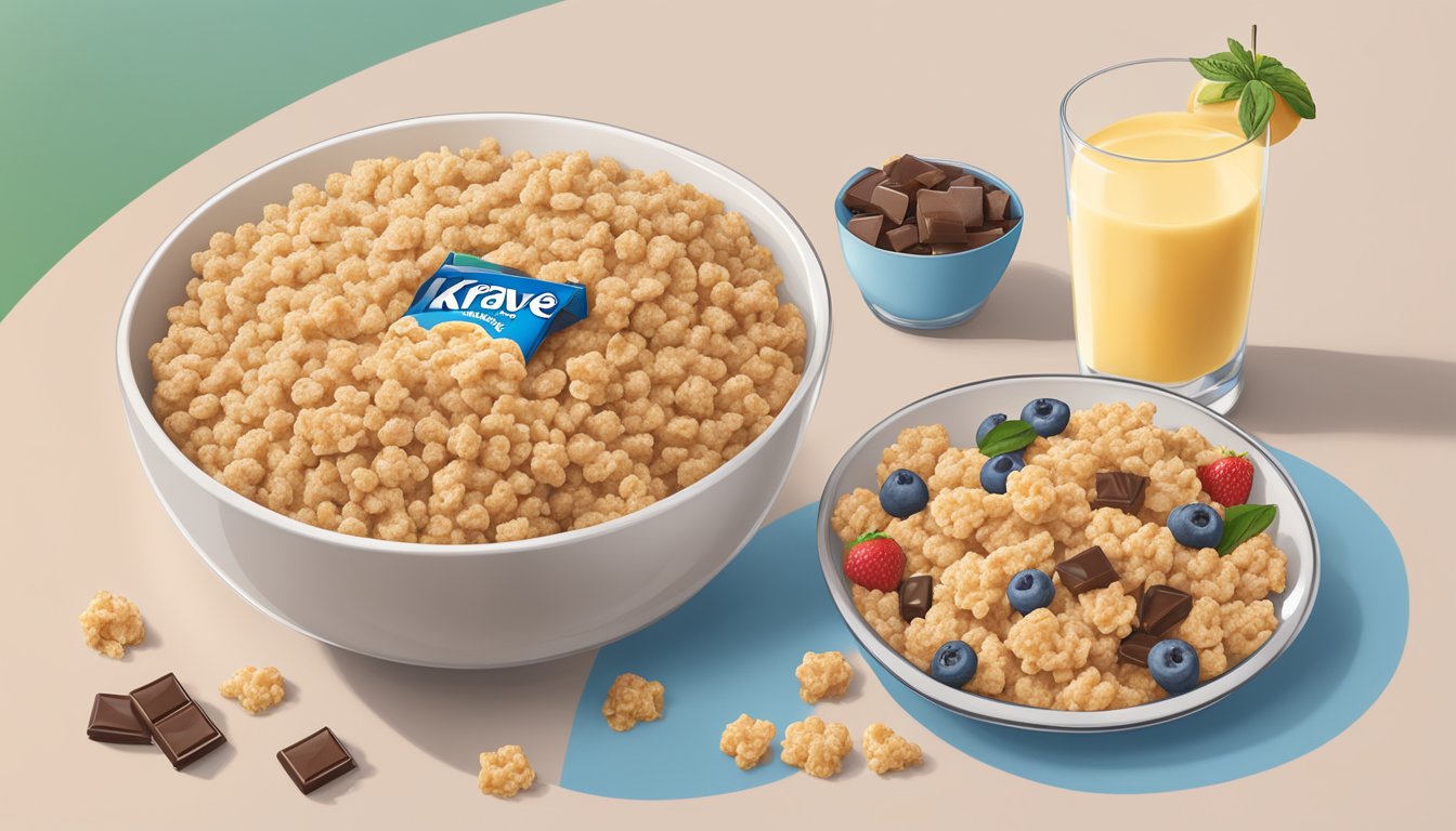 A bowl of Krave and Rice Krispies side by side, surrounded by various fruits and a glass of milk. The Krave box is labeled "chocolate-filled cereal," while the Rice Krispies box is labeled "classic rice cereal."