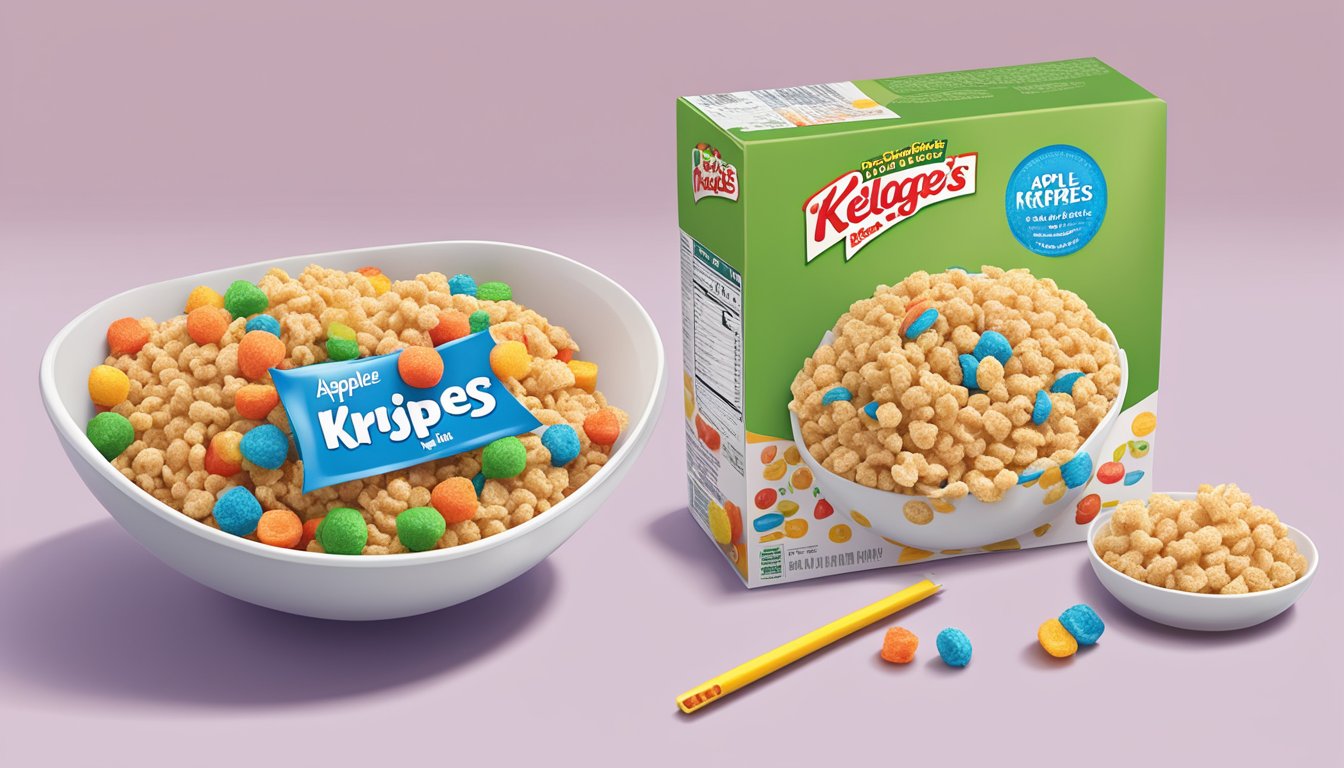 A bowl of Kellogg's Apple Jacks and a bowl of Rice Krispies side by side, with a measuring tape and a nutrition label in the background