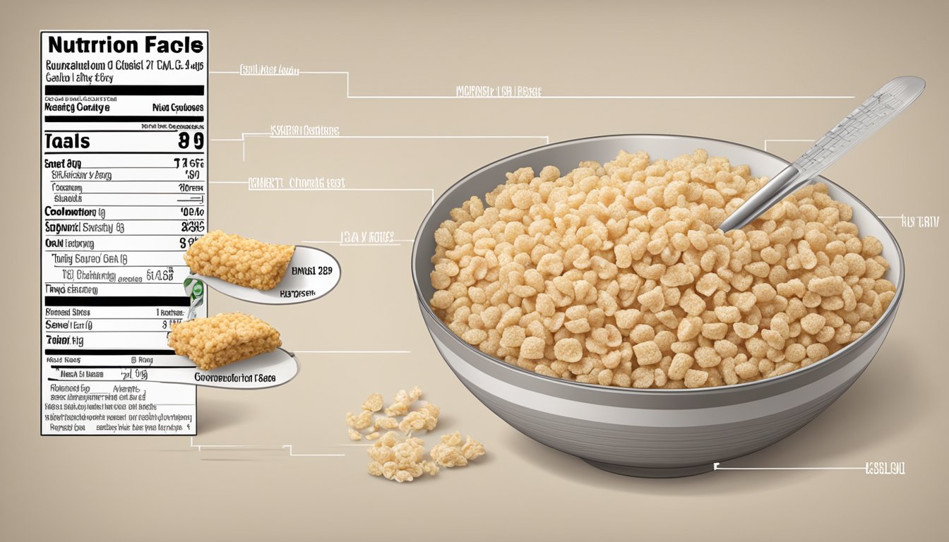 A bowl of Krave and Rice Krispies with nutritional labels and a scale for comparison