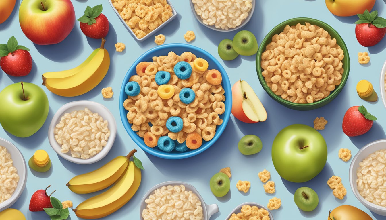 A bowl of Kellogg's Apple Jacks and a bowl of Rice Krispies side by side, surrounded by fresh fruits and a glass of milk