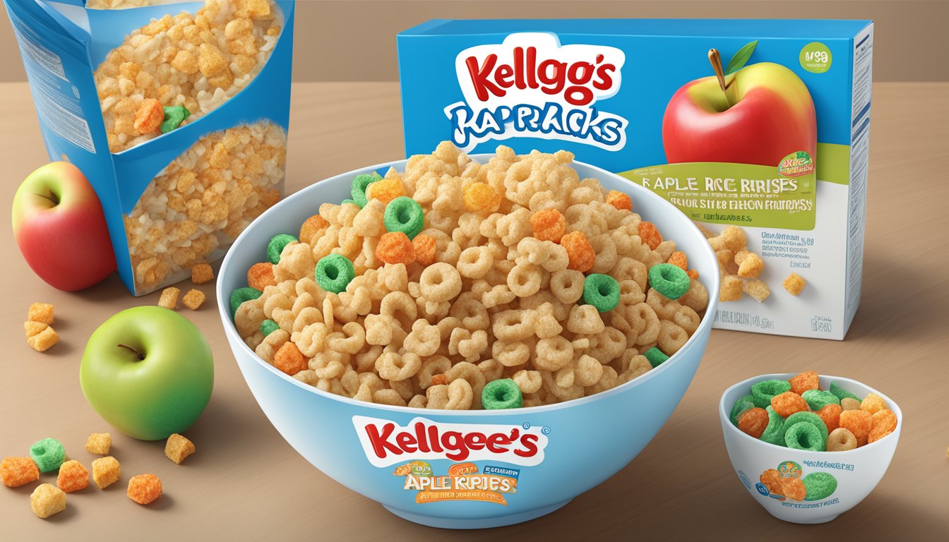 A bowl of Kellogg's Apple Jacks and Rice Krispies with nutritional information displayed beside them