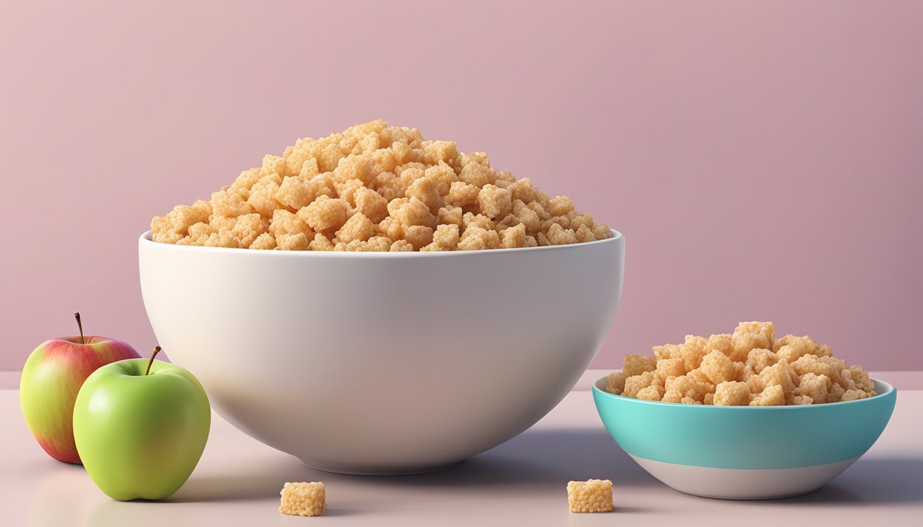 A bowl of Kellogg's Apple Jacks next to a bowl of Rice Krispies, surrounded by fresh apples and rice grains