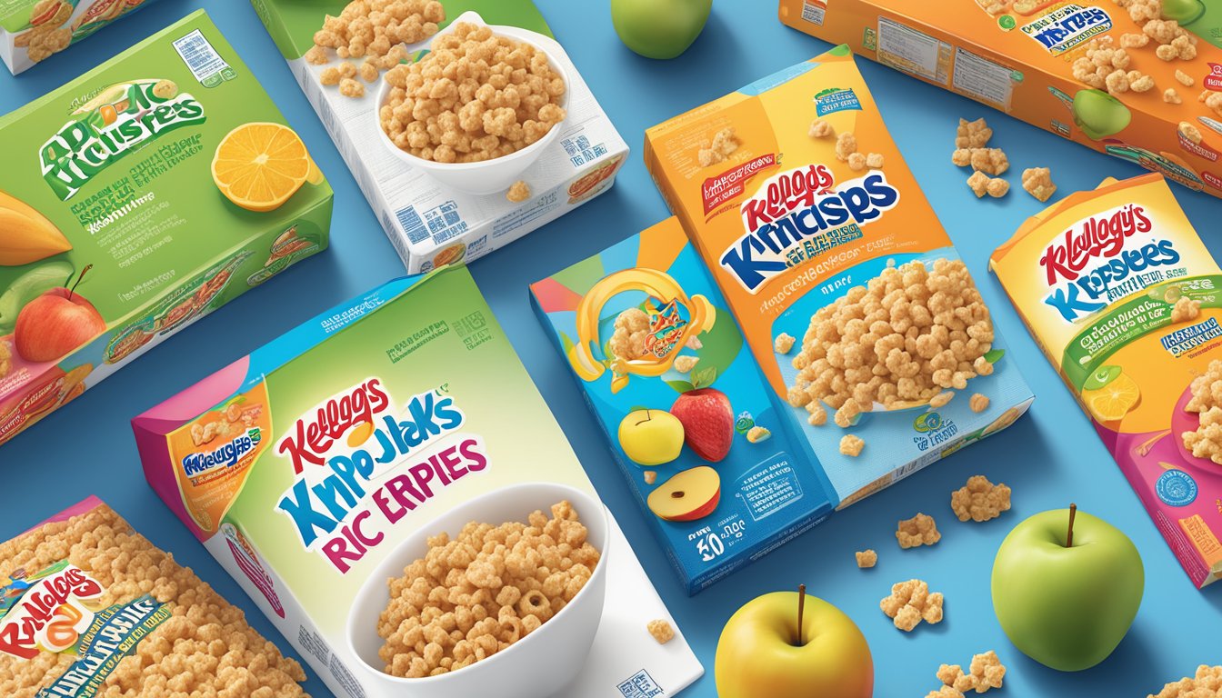 A comparison of Kellogg's Apple Jacks and Rice Krispies cereal boxes, surrounded by various fruits and nutritional information