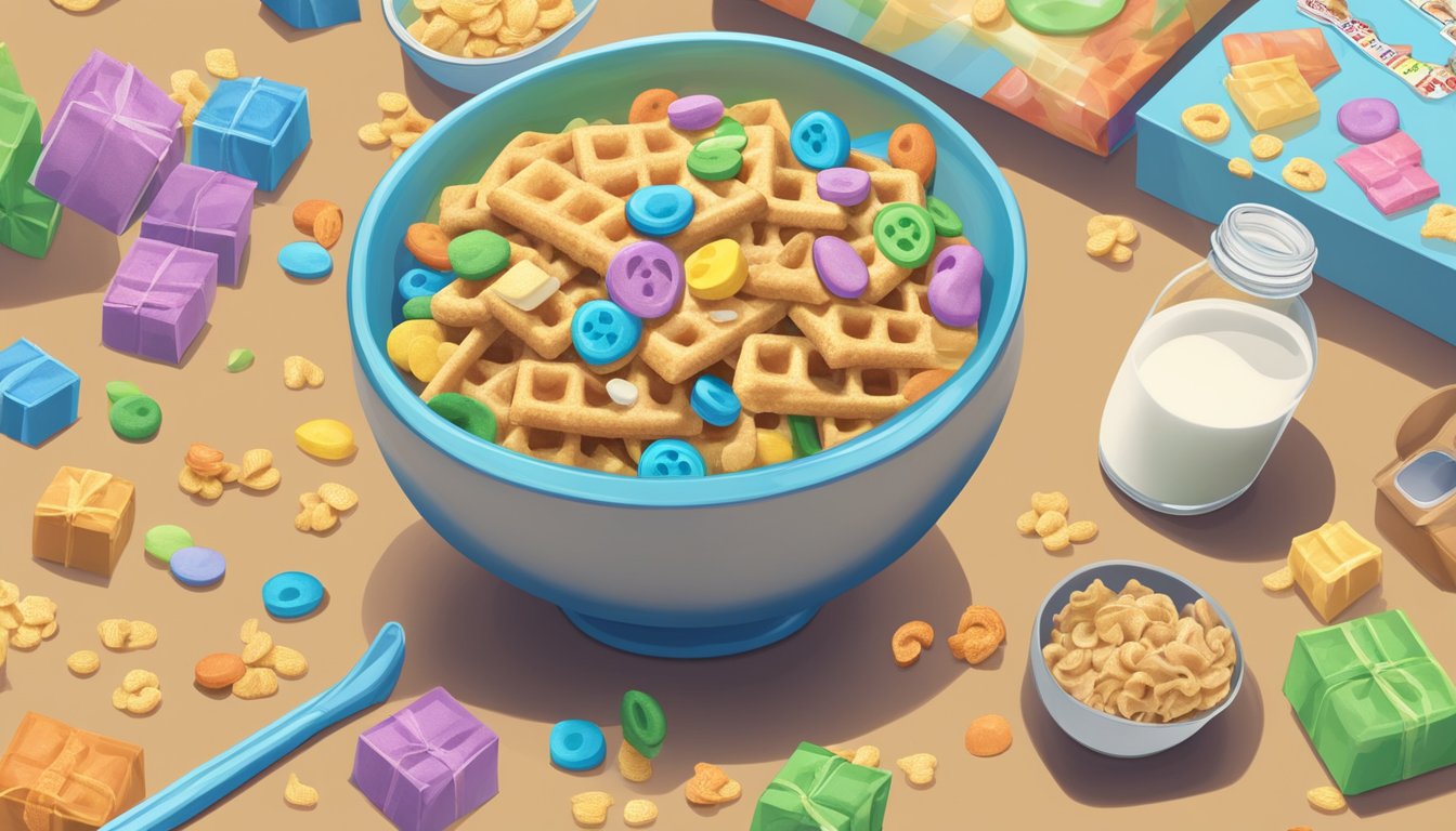 A bowl of Lucky Charms and Waffle Crisp cereal sit on a table, surrounded by milk cartons and a measuring tape