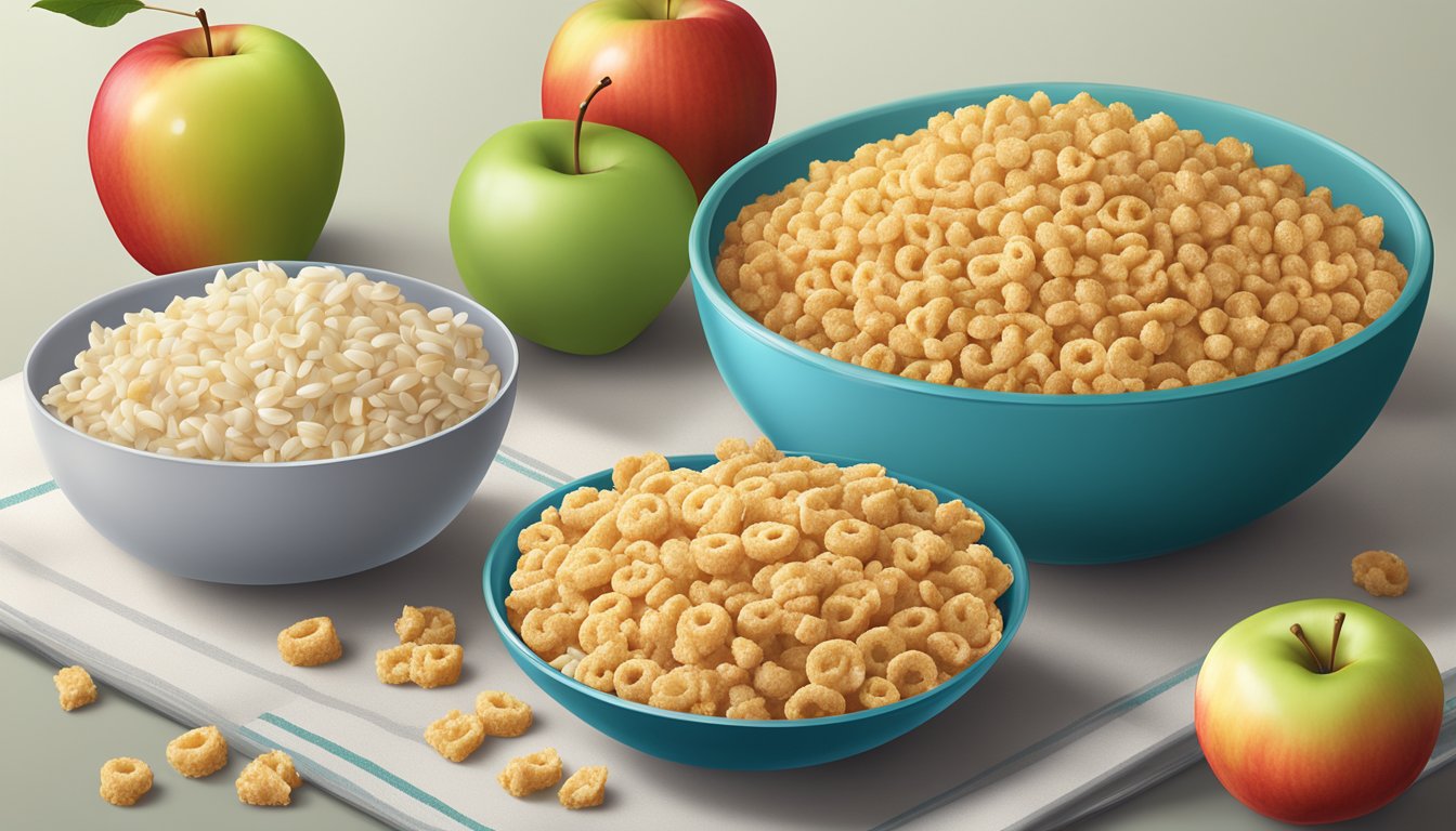 A bowl of Kellogg's Apple Jacks and a bowl of Rice Krispies side by side, surrounded by fresh apples and rice grains