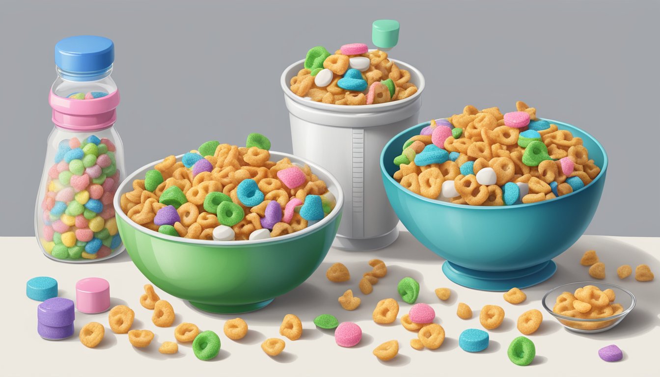 A bowl of Lucky Charms and a bowl of Waffle Crisp sit side by side, surrounded by measuring cups of sugar, protein, and fiber