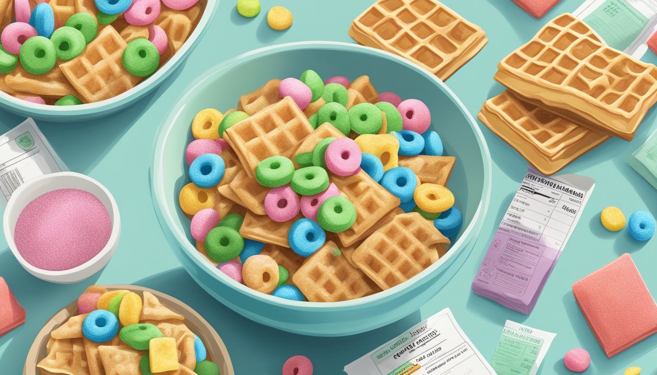 A bowl of Sugar and Additives Lucky Charms next to a bowl of Waffle Crisp, surrounded by nutritional labels and ingredient lists