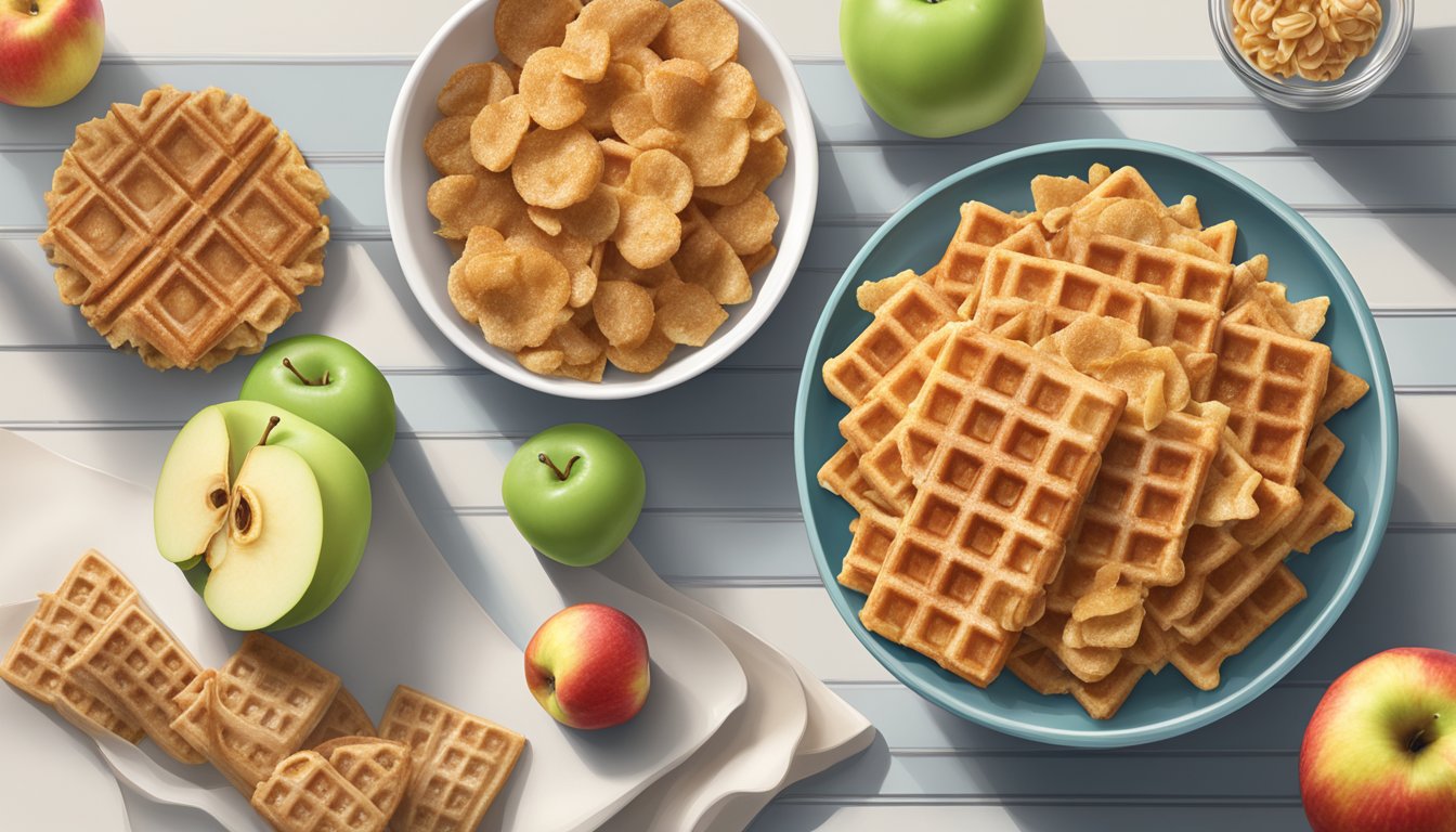 A bowl of Kellogg's Apple Jacks and a bowl of Post Waffle Crisp sit side by side, surrounded by fresh apples and waffles