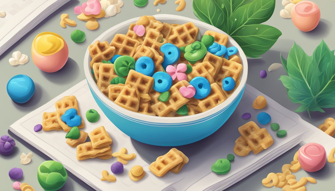 A bowl of Lucky Charms and Waffle Crisp side by side, surrounded by images of nature and ethical symbols