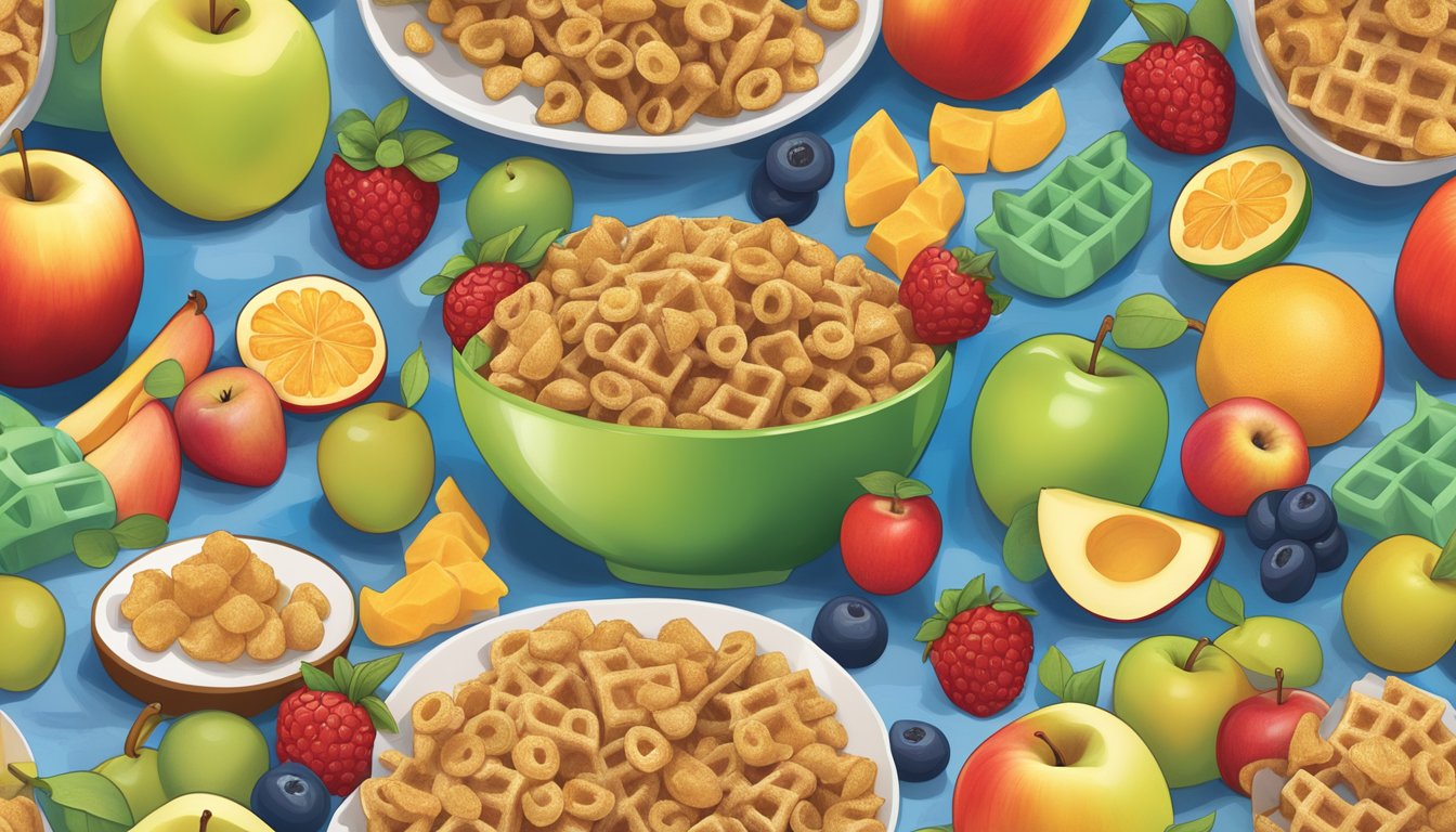 A colorful bowl of Kellogg's Apple Jacks and Waffle Crisp cereal surrounded by various fruits and a nutrition label