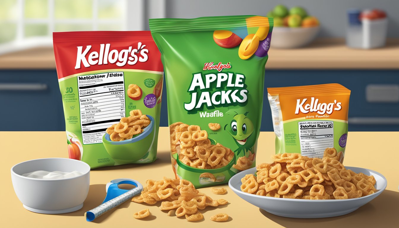 A bowl of Kellogg's Apple Jacks and a bowl of Waffle Crisp side by side, with a measuring tape and a nutrition label in the background