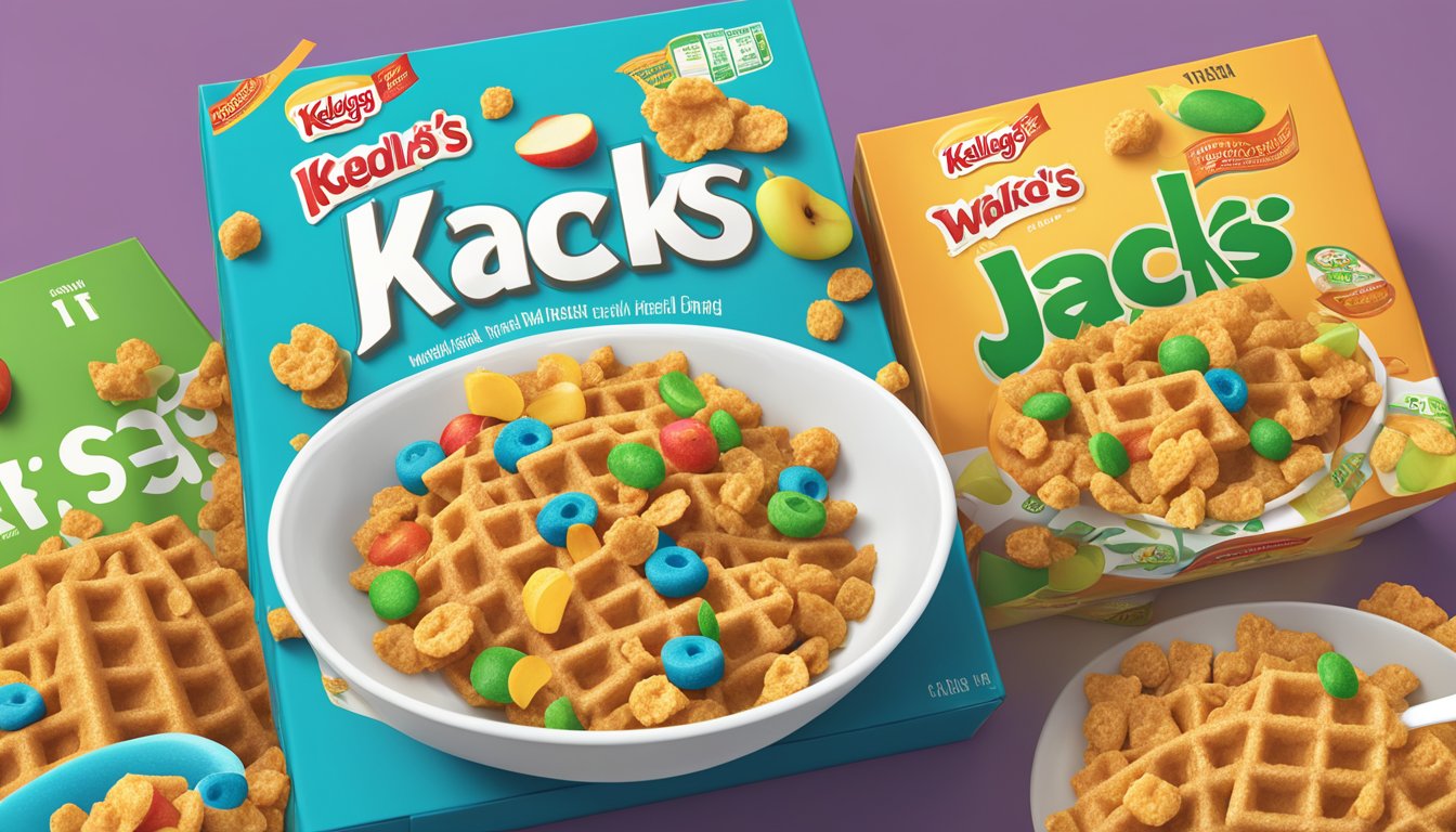 A bowl of Kellogg's Apple Jacks and Waffle Crisp cereal side by side, with a measuring tape wrapped around each box