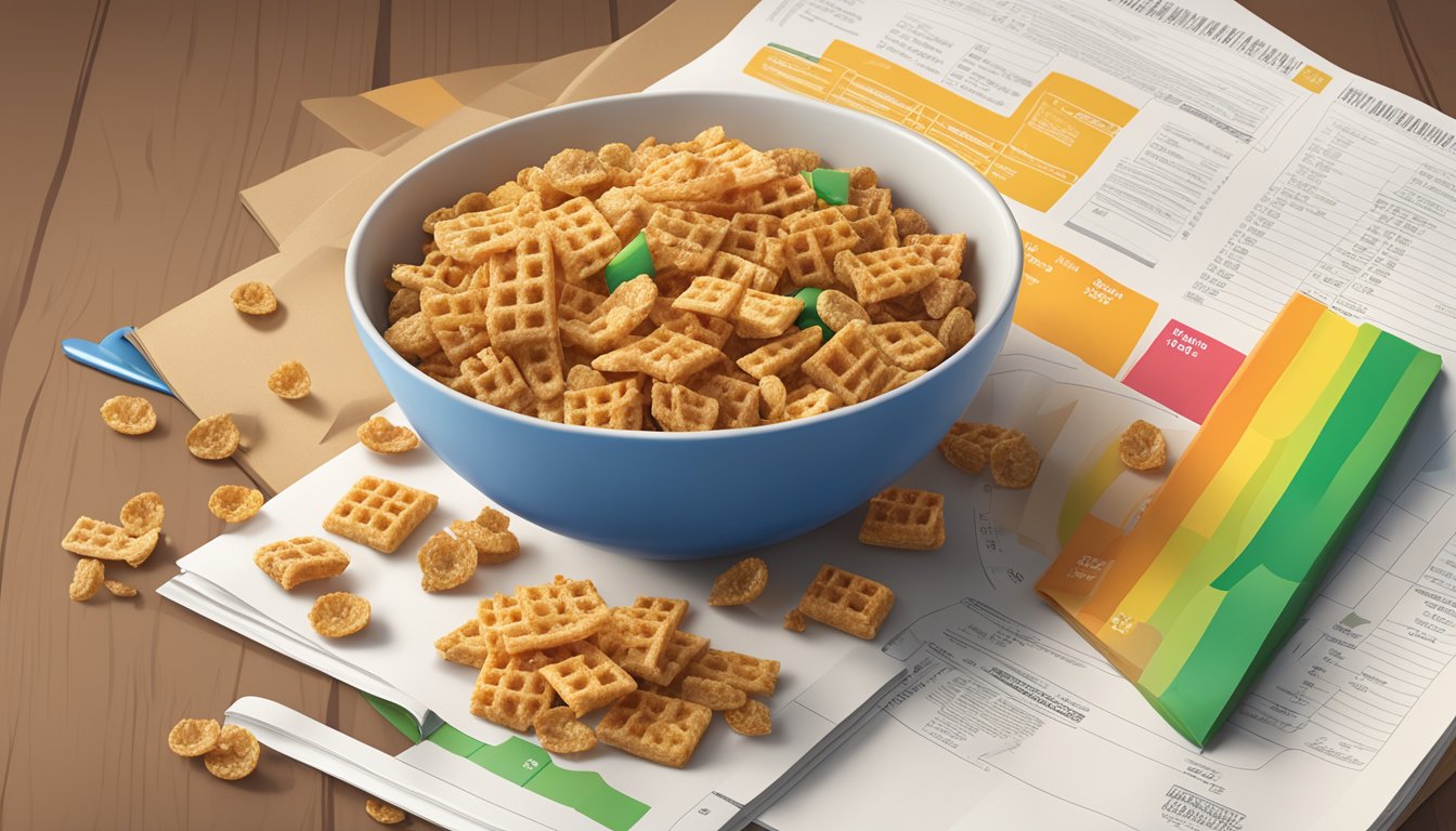 A bowl of Kellogg's Apple Jacks and Waffle Crisp cereal with a measuring tape and nutritional information displayed next to them