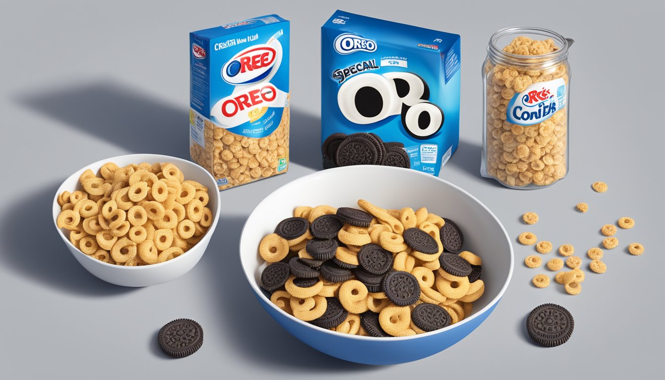 A bowl of Oreo O's and a bowl of Special K cereal next to each other, with a measuring tape and a nutrition label in the background