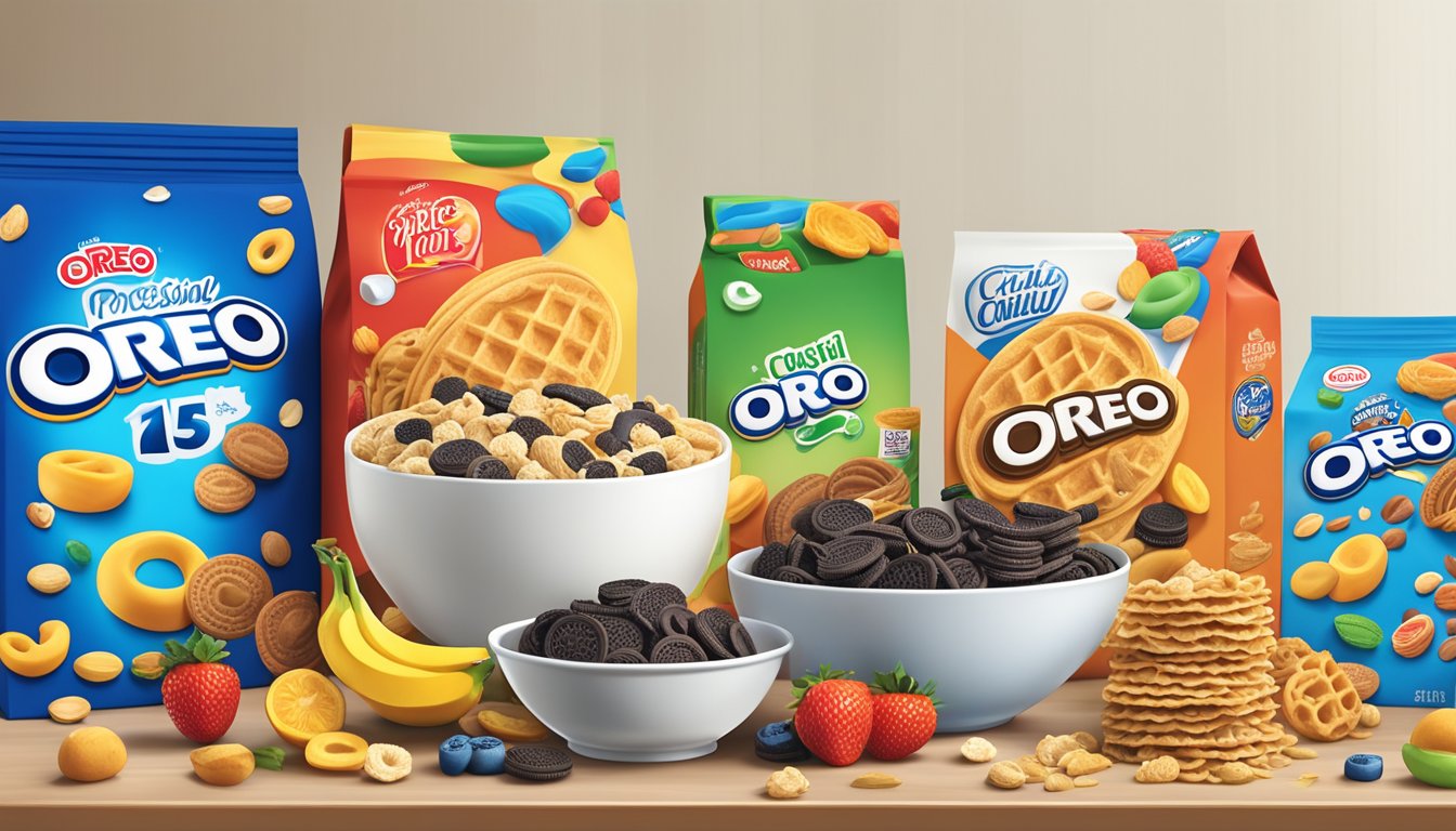 A bowl of Oreo O's and Waffle Crisp cereal boxes surrounded by fresh ingredients like milk, fruits, and nuts, with a measuring scale in the background