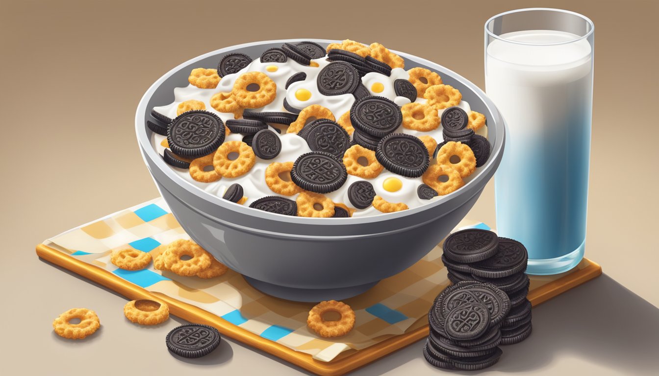 A table with a bowl of Oreo O's and Waffle Crisp cereal, surrounded by a glass of milk and a measuring tape