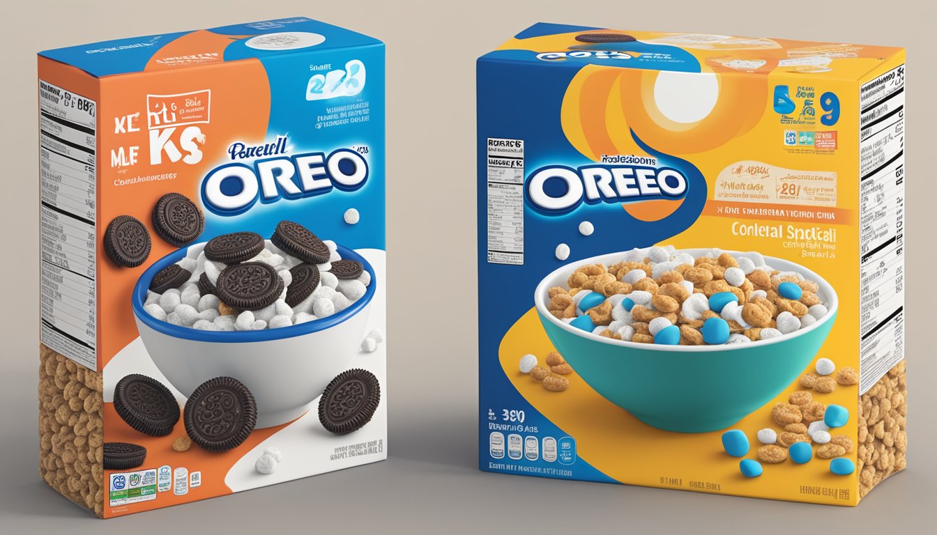 A bowl of Oreo O's and Special K cereal side by side with a nutrition label next to each box