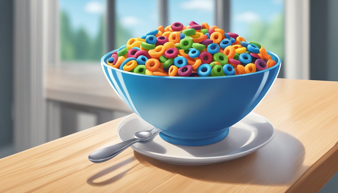 A bowl of Kellogg's Froot Loops and Oreo O's side by side on a kitchen table, with a glass of milk and a spoon nearby