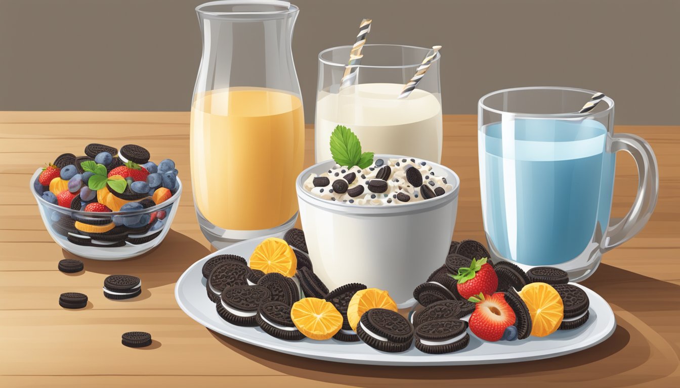 A table with a bowl of Oreo O's and a bowl of Waffle Crisp cereal, surrounded by fruits and a glass of milk