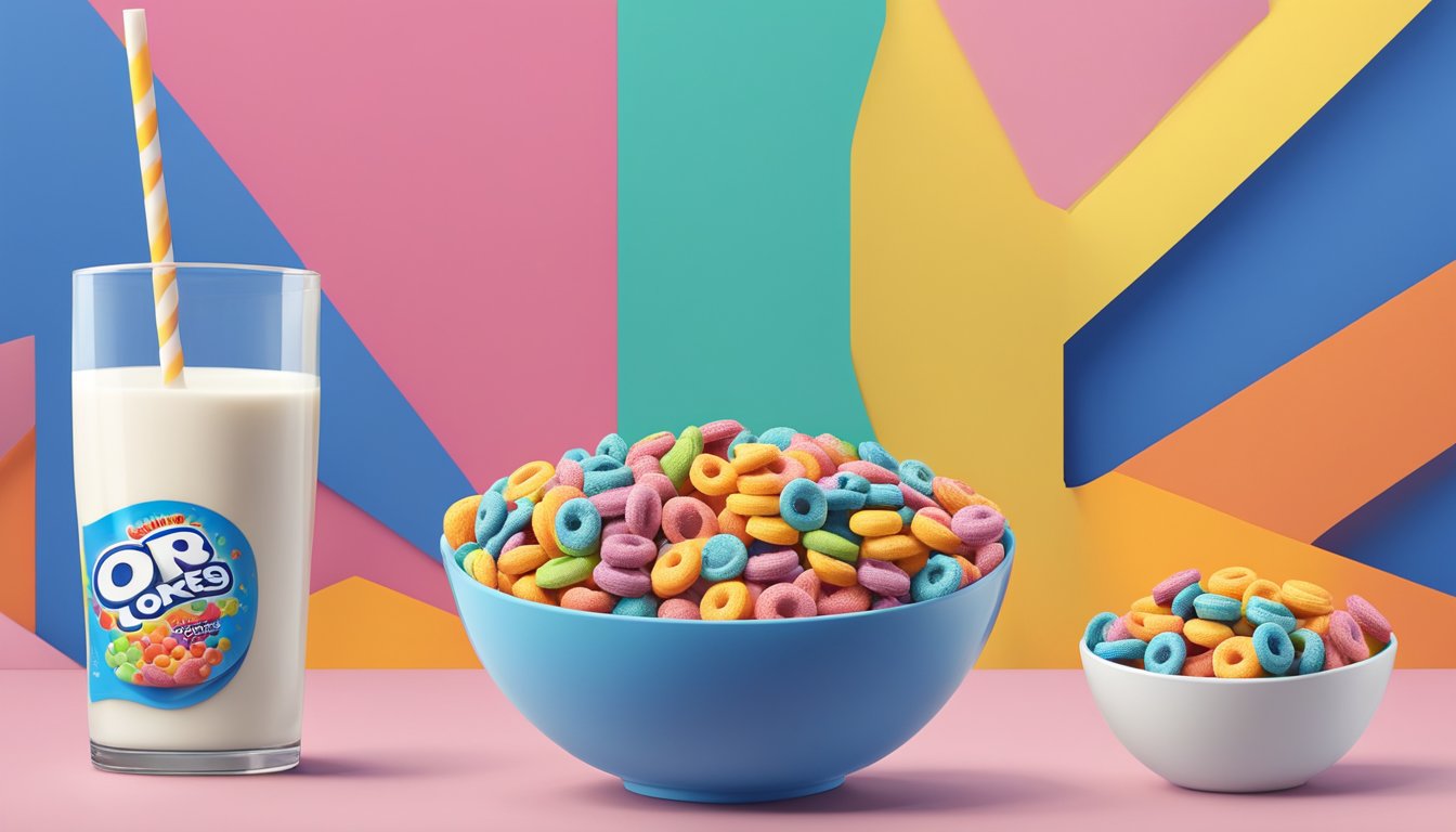 A bowl of Froot Loops and Oreo O's side by side, surrounded by colorful packaging and a glass of milk