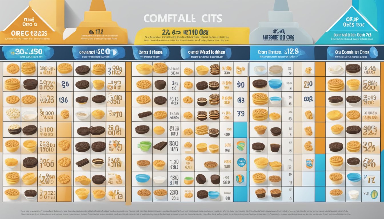 A comparison chart with nutritional information and price tags for Oreo O's and Waffle Crisp cereal