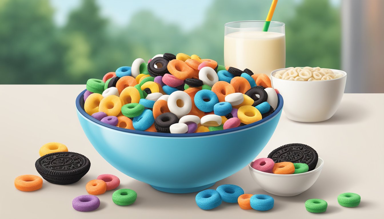 A bowl of Kellogg's Froot Loops and Oreo O's sit side by side, surrounded by fresh fruit and a glass of milk