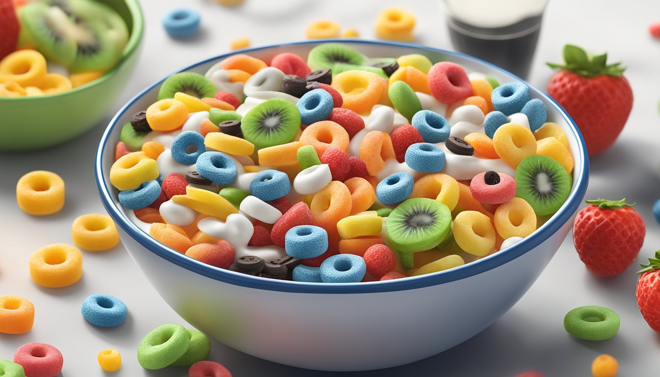 A bowl of Kellogg's Froot Loops and Oreo O's cereal with milk, surrounded by fresh fruits and vegetables