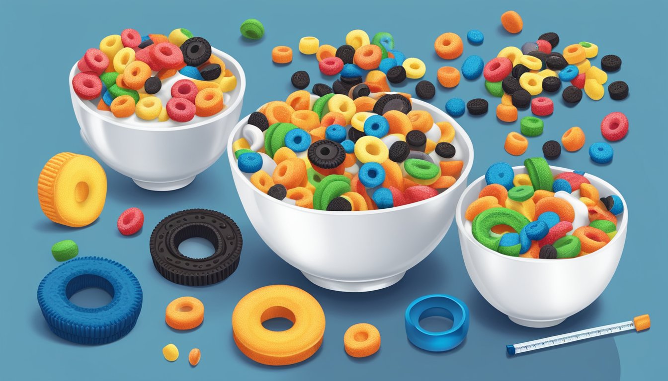 A bowl of Kellogg's Froot Loops and Oreo O's cereal next to each other, surrounded by various fruits and a measuring tape