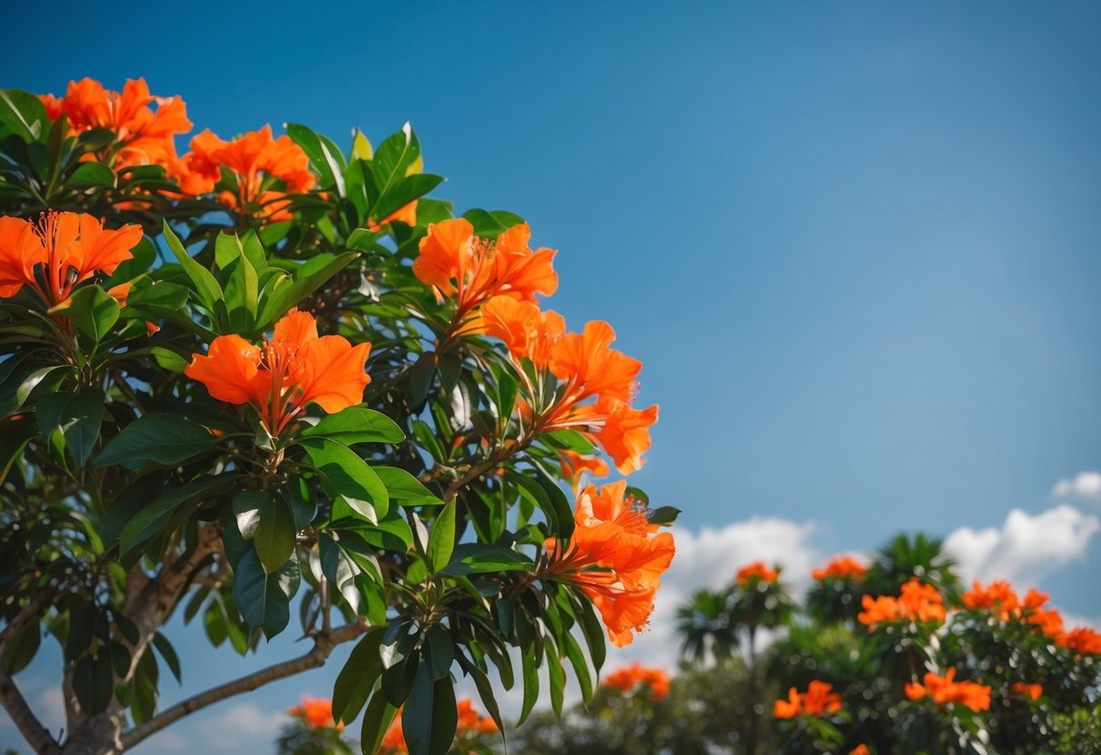 A vibrant poinciana tree in full bloom against a clear blue sky, with its bright red-orange flowers and lush green leaves