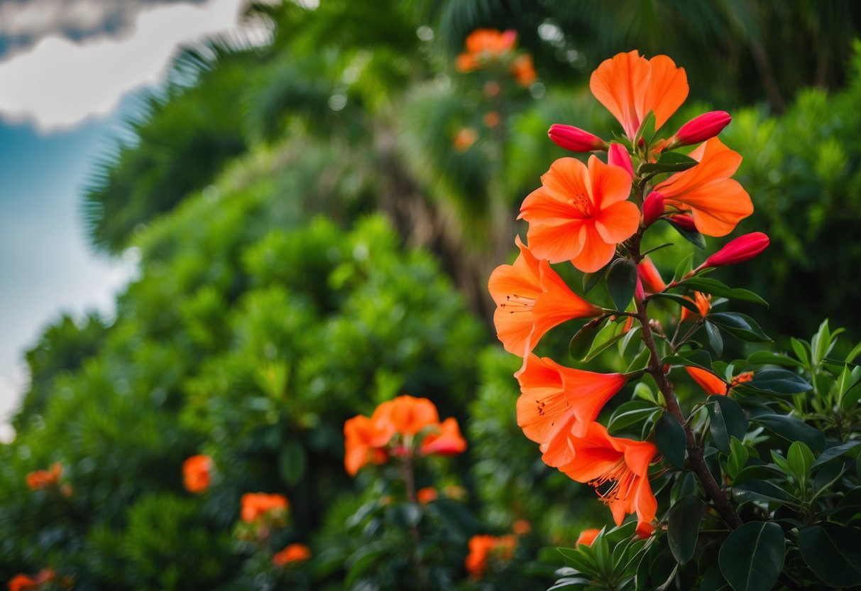 A poinciana tree in full bloom, with vibrant red and orange flowers, stands tall against a backdrop of lush green foliage