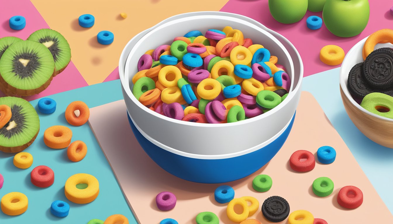 A bowl of Kellogg's Froot Loops and a bowl of Oreo O's sit side by side on a table, surrounded by colorful fruit and a glass of milk