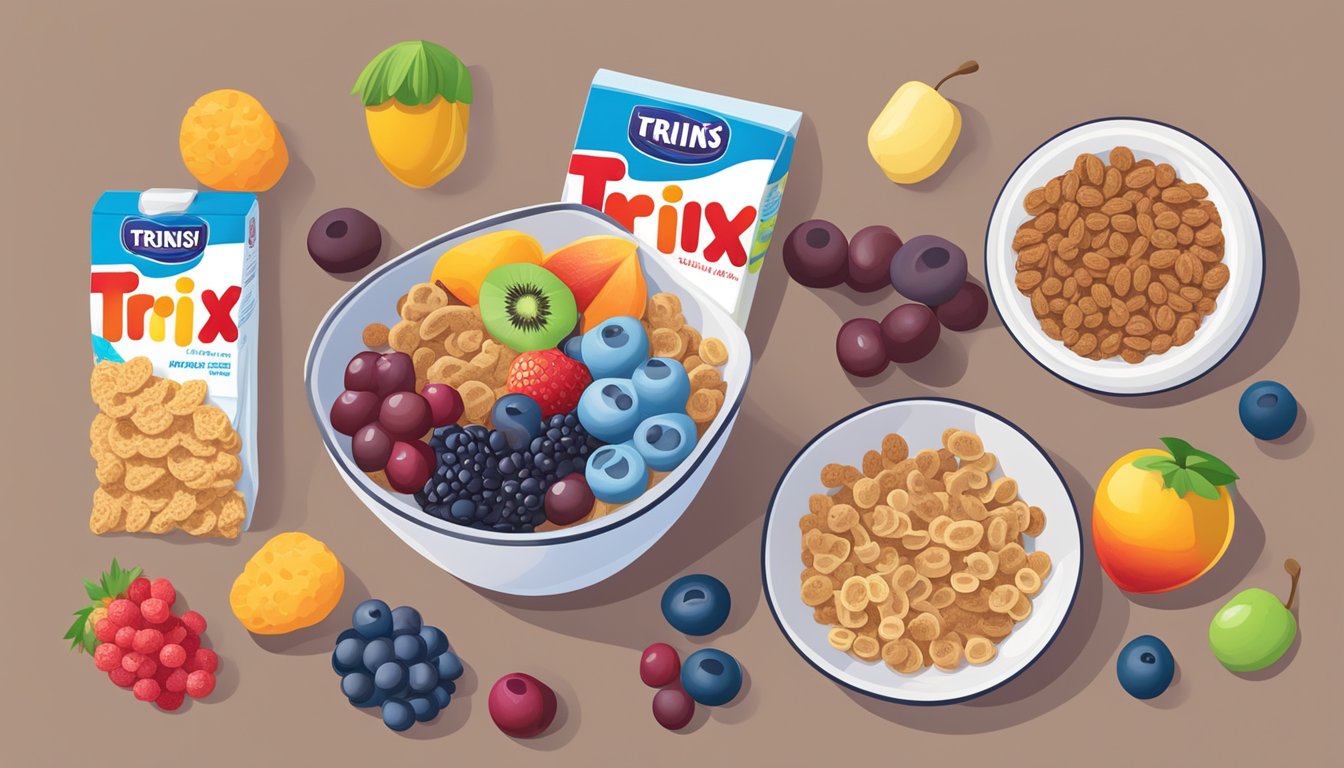 A bowl of raisin bran cereal next to a bowl of trix cereal, surrounded by various fruits and a glass of milk