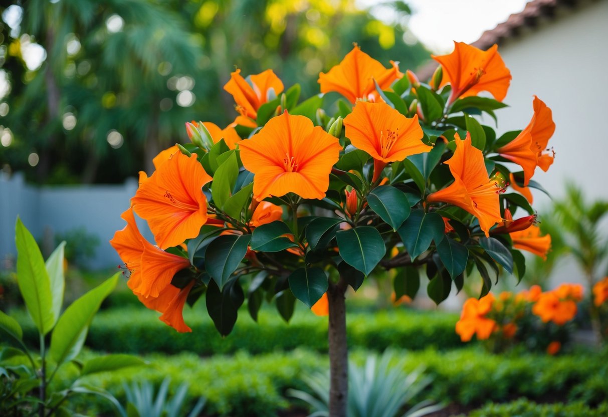 A poinciana tree in full bloom, with vibrant red-orange flowers and lush green leaves, standing tall in a cultivated garden