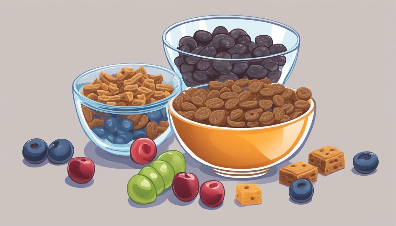 A bowl of raisin bran and a bowl of Trix sit side by side, surrounded by fresh fruit and a glass of water. The raisin bran is highlighted as the healthier choice